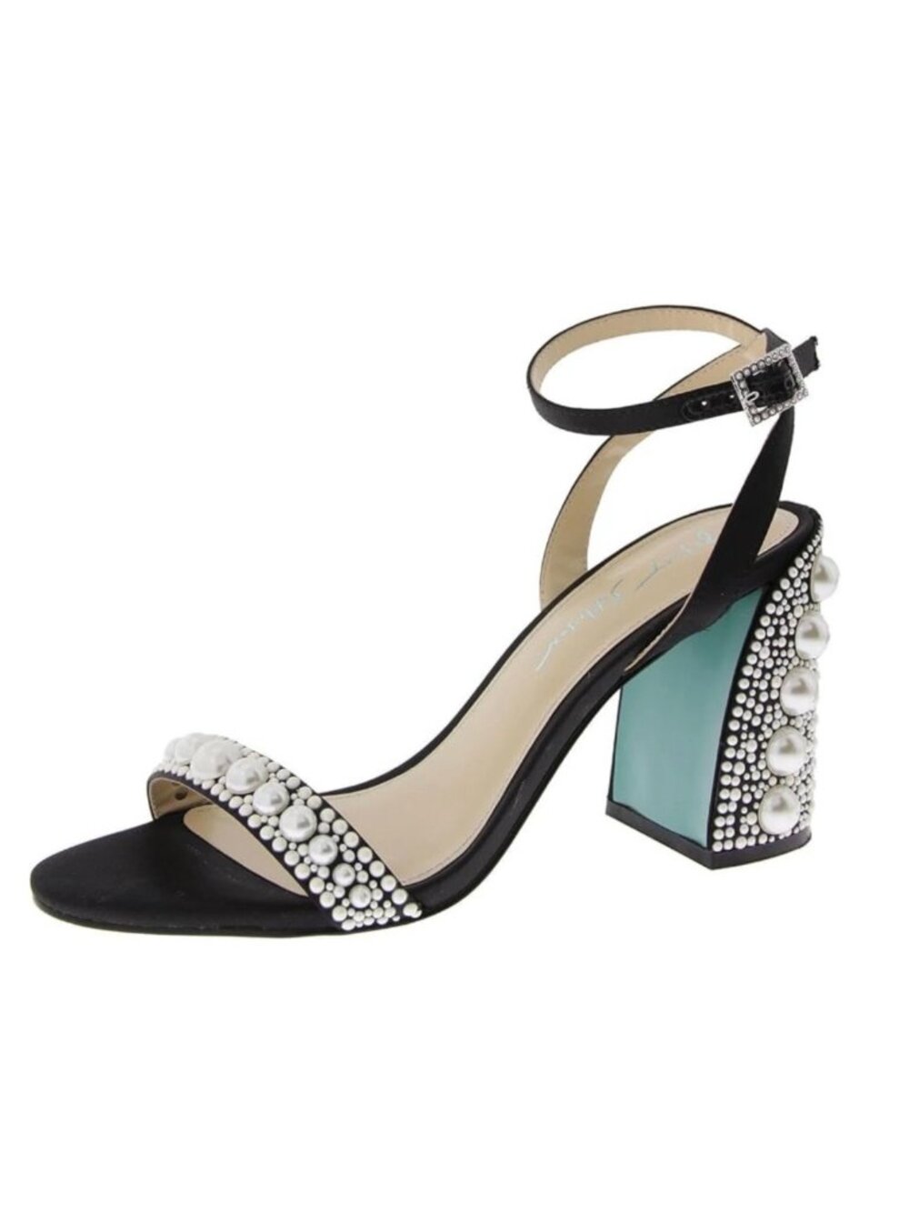 6.5 Blue by Betsey Johnson Lexi Sandals Black Pearls Teal Aqua Block Heel Shoes